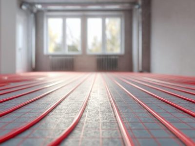 installation red underfloor heating pipes laid out residential room with large window allowing natural light inside 937679 119123